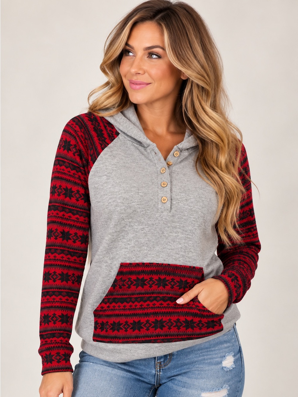Ces Femme Small Gray Red Black Nordic Print Hooded Henley Pullover NWOT